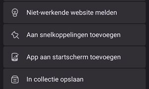 Het uitgeklapte Firefox-menu met de optie App aan startscherm toevoegen